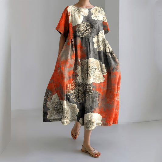 Comstylish Vintage Japanese Art Flower Print Midi Dress