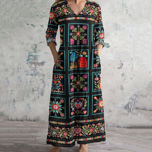 Women's Vintage Swedish Folk Floral Art Cotton And Linen Dress artswardrobe