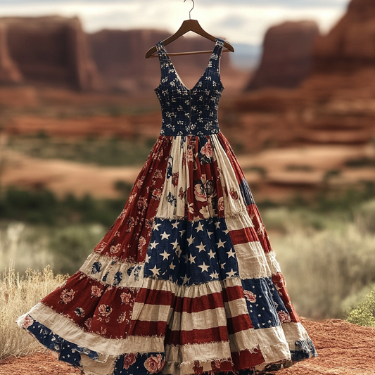 Women's Independence Day Rose Patchwork Art Linen Tank Lace-up Dress artswardrobe