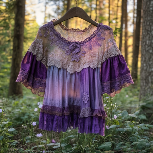 Comstylish Boho Lavender Gradient Lace Art Linen Short Sleeve V-neck Shirt