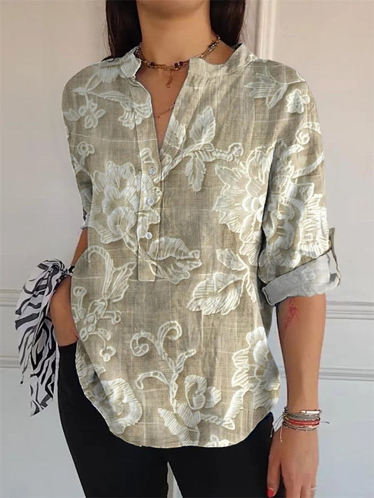 Comstylish Vintage Lace Floral Embroidery Women's Linen Shirt