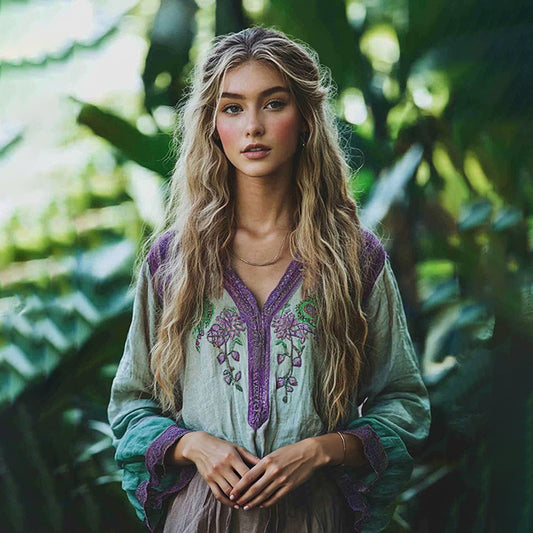 Comstylish Retro Boho Floral Tribal Embroidery Print Cotton And Linen Blend Loose Blouse