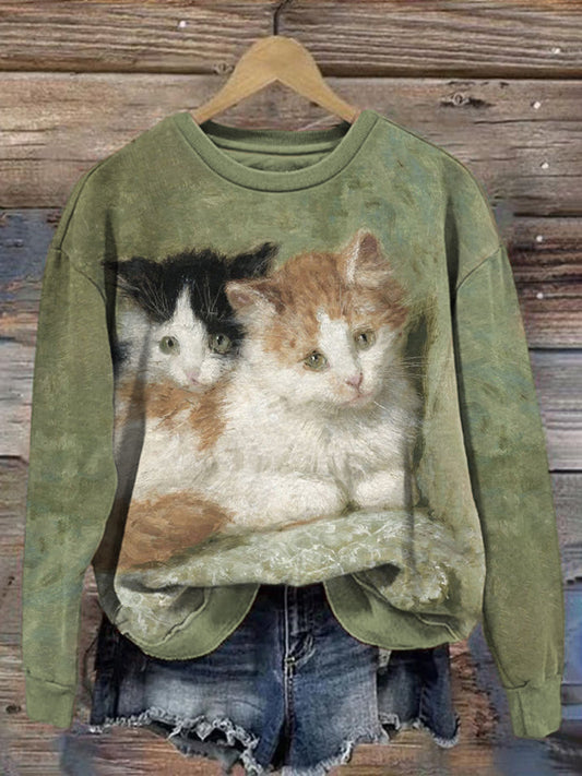 Vintage Oil Painting Art Cats Pattern Cozy Sweatshirt elevenforest