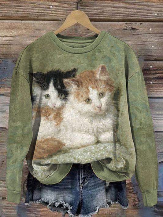 Comstylish Vintage Oil Painting Art Cats Pattern Cozy Sweatshirt