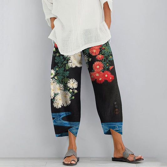 Comstylish Japanese Flowers Art Cropped Casual Pants
