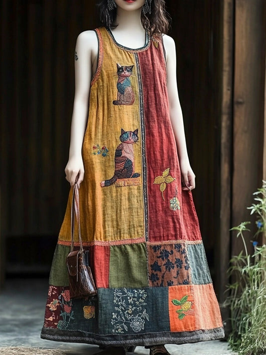 Vintage Floral & Cat Patchwork Linen Vest Long Dress artswardrobe