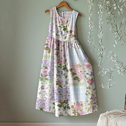 Vintage Flower Patchwork Print Round Neck Tank Midi Dress artswardrobe