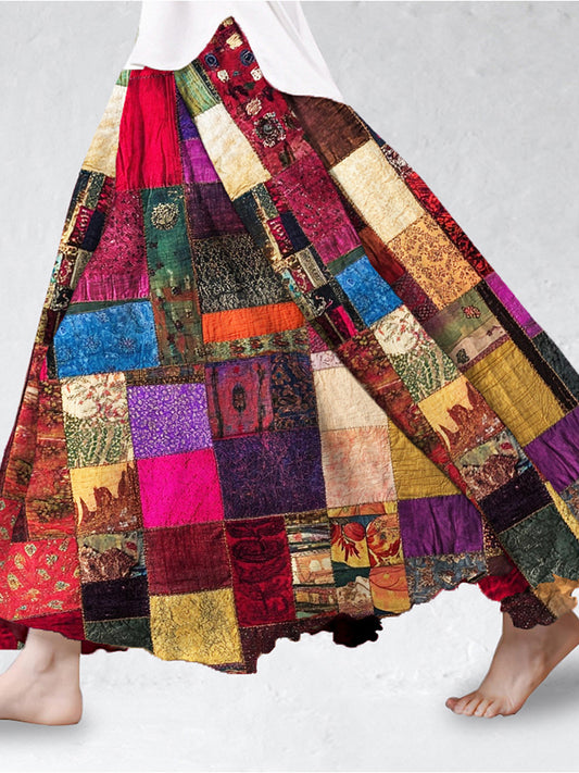 Vintage Boho Patchwork Linen Flowy Skirt artswardrobe