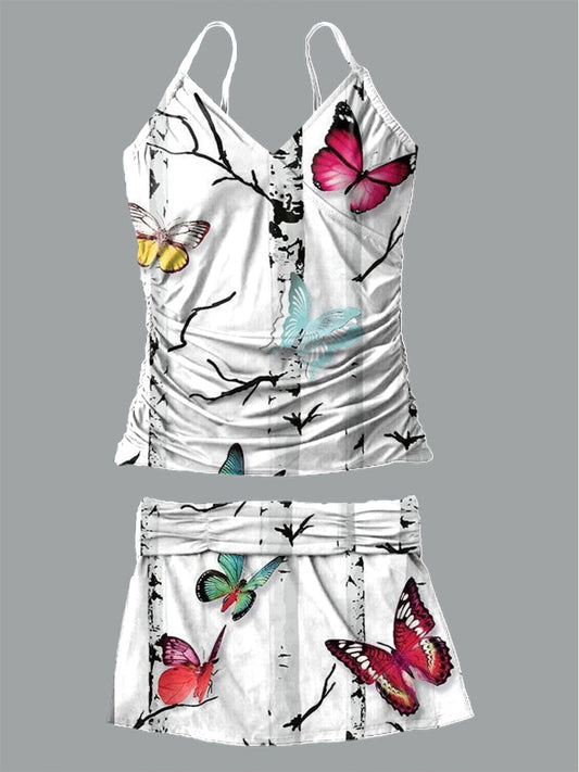Women's Butterfly Print Suspender Shirred Swimsuit Set
