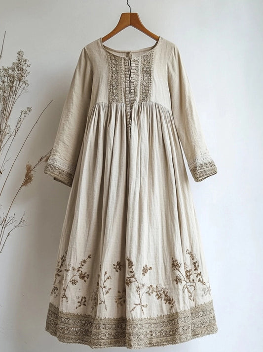 Vintage Floral Embroidered Lace Patchwork Linen Maxi Dress artswardrobe
