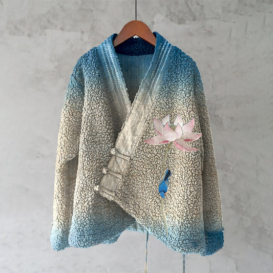 Comstylish Japanese Style Gradient Lotus And Bird Embroidery Inspired Design Kimono