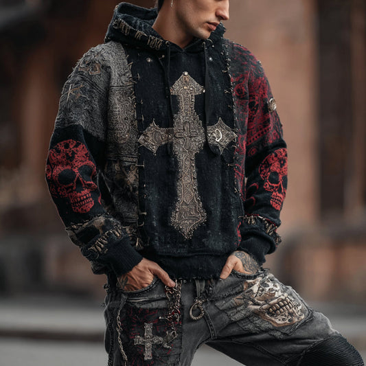 Men's Cross Skeleton Art Splicing Hooded Sweater artswardrobe