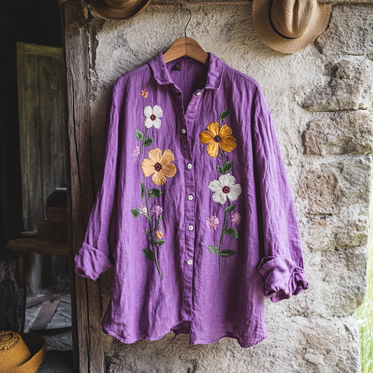 Bohemian Holiday Style Linen Floral Print  Long Sleeve Shirt artswardrobe