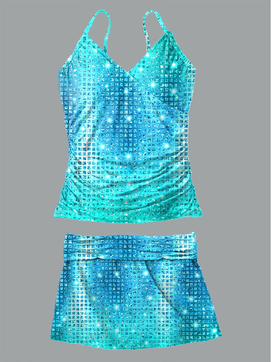 Women's Colorful Sequin Printed Suspender Shirred Swimsuit Set