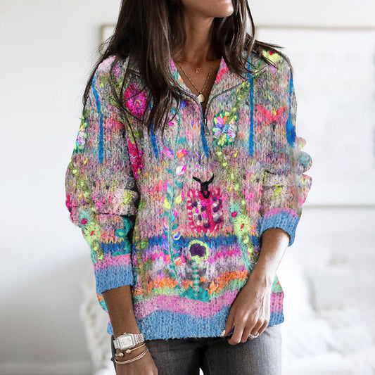Vintage Floral Print Zipper Knitted Cozy Pullover Sweater artswardrobe