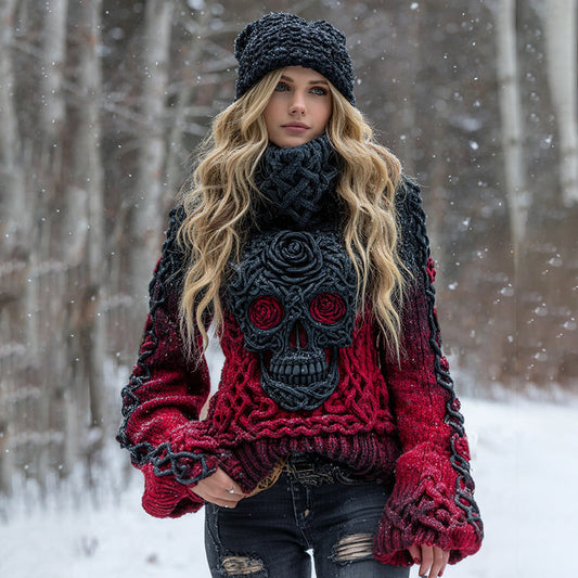 Women's Halloween Black Rose And Skull Inspired Chunky Knit Turtleneck Sweater artswardrobe