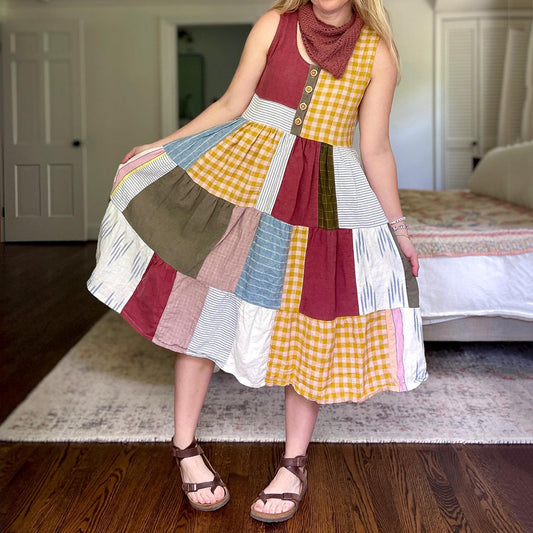 Vintage Plaid Patchwork Art Linen Tank Dress artswardrobe