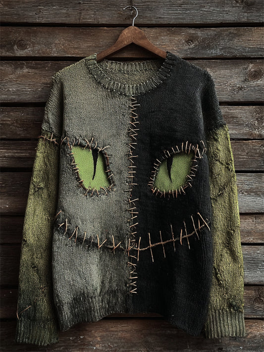 Comstylish Halloween Black Cat Face Contrast Stitched Cozy Knit Sweater