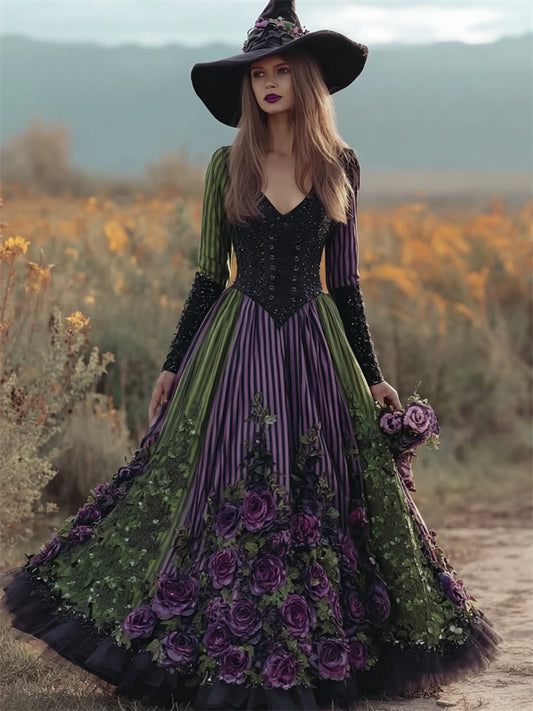 Comstylish Halloween Vintage Roses Lace Embroidered Witch Linen Maxi Dress