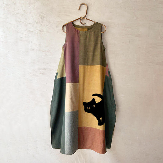 Comstylish Women's Cute Black Cat Contrast Color Design Midi Dress