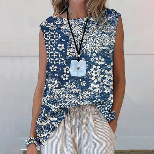 Comstylish Vintage Japanese Art Flower Print Sleeveless Tank Top