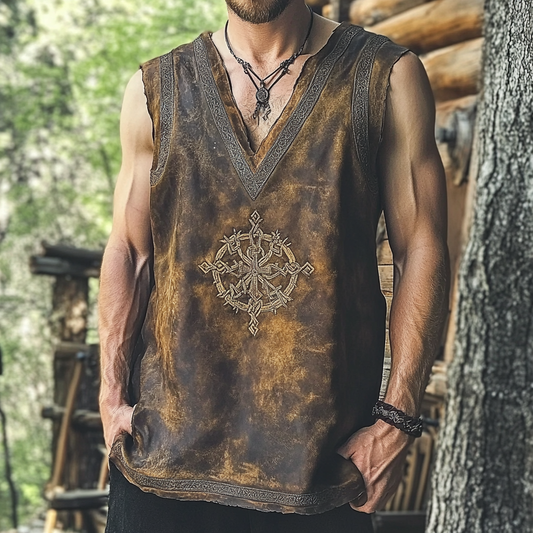 Men's Distressed Viking Rune Leather Lounge Vest artswardrobe