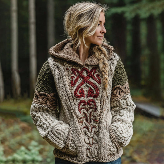 Women's Celtic Knot Irish Jacquard Contrast Print Knit Hoodie elevenforest