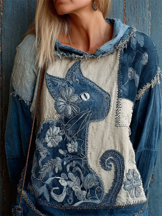 Comstylish Vintage Floral Cat Denim Fiber Art Patchwork Hoodie