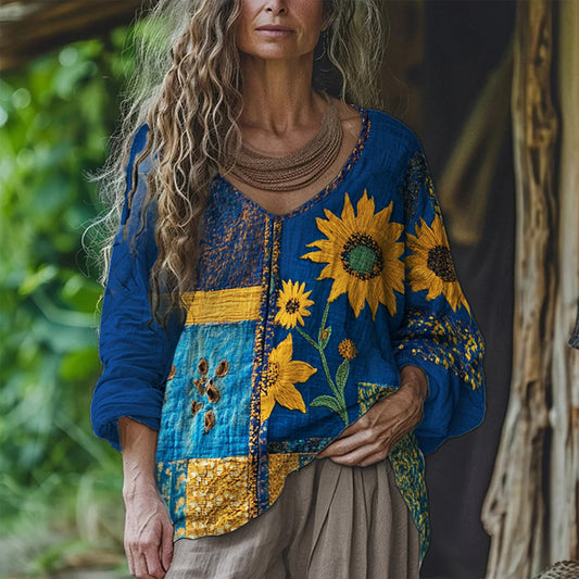 Ethnic Sunflowers Embroidered Patchwork Linen Tunic artswardrobe