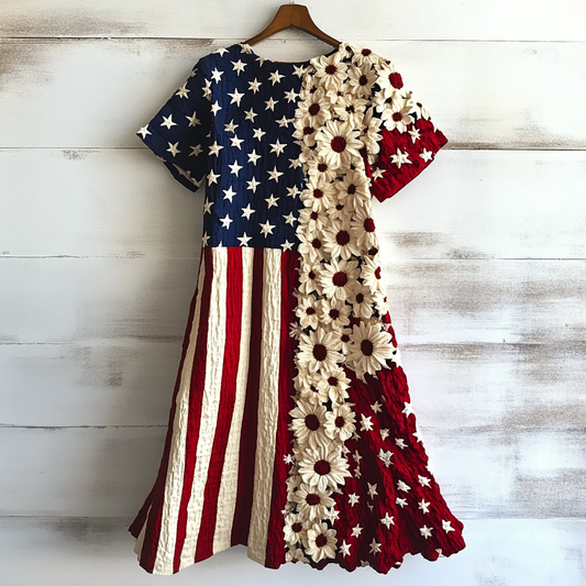 Women's Independence Day Flag Floral Art Short Sleeve Dress artswardrobe