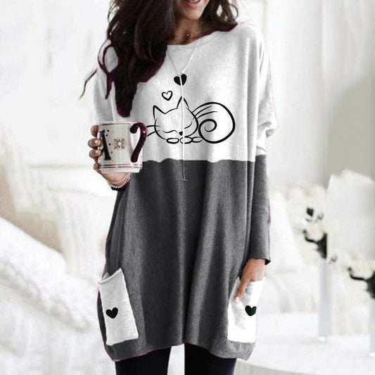 Cute Cat Print Long Sleeved Tunic elevenforest