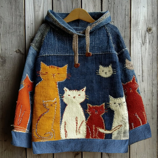 Vintage Patchwork Lovely Cute Colorful Cat Inspired Washed Hoodie elevenforest