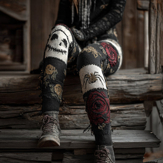 Comstylish Women's Halloween Embroidered Skeleton Face And Spider Black And White Vintage Pants