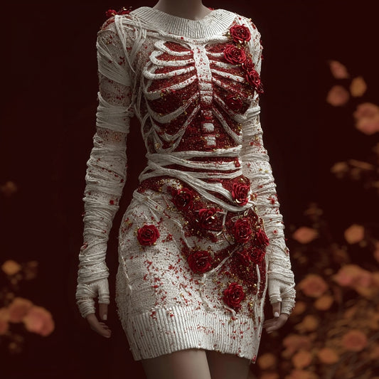 Comstylish Classy Bloody Skeleton Anatomy Roses Bandages Sweater Dress