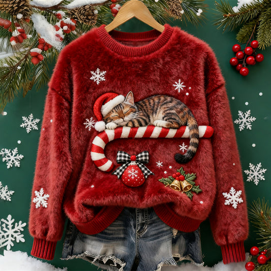Comstylish Christmas Sleeping Cat Women's Fleece Sweater