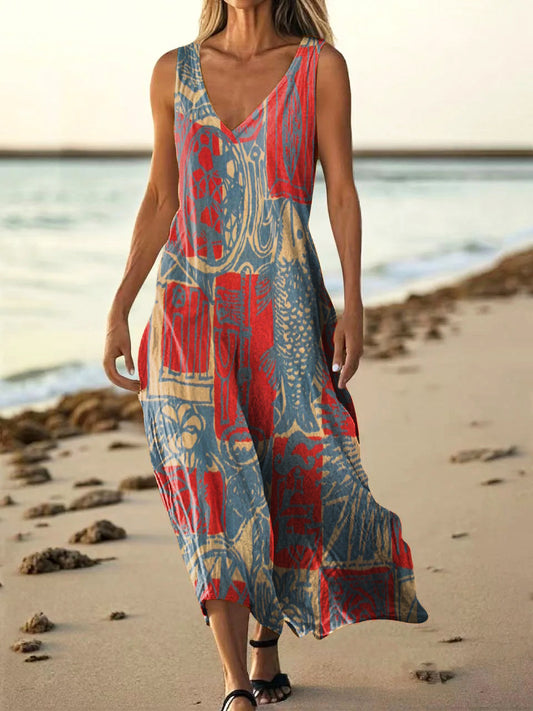 Women's Bohemian Ethnic Collage Art Pattern Print V-Neck Sleeveless Co