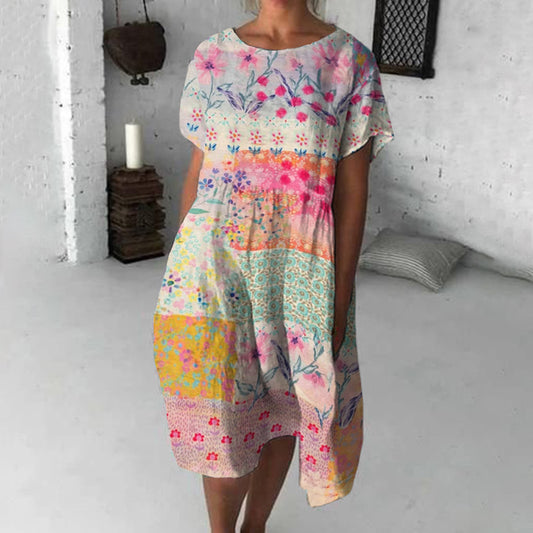 Retro Colorful Geometric Floral Art Flowy Midi Dress artswardrobe