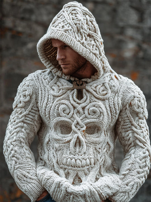 Men's Vintage Celtic Skull Chunky Cozy Knit Hooded Sweater elevenforest