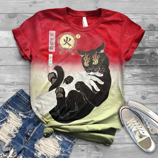 Japanese Angry Cat Demon Print Print Crew Neck Cozy Vintage T-Shirt elevenforest