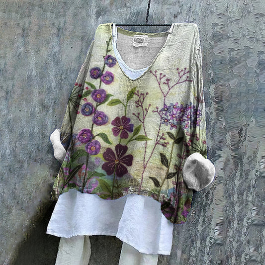 Women's Floral Art Embroidery Linen V-neck T-shirt artswardrobe