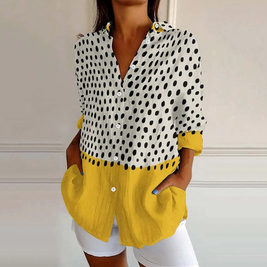 Comstylish Shawl Collar Long Sleeve Multicolor Block Regular Micro-elasticity Loose Shirt