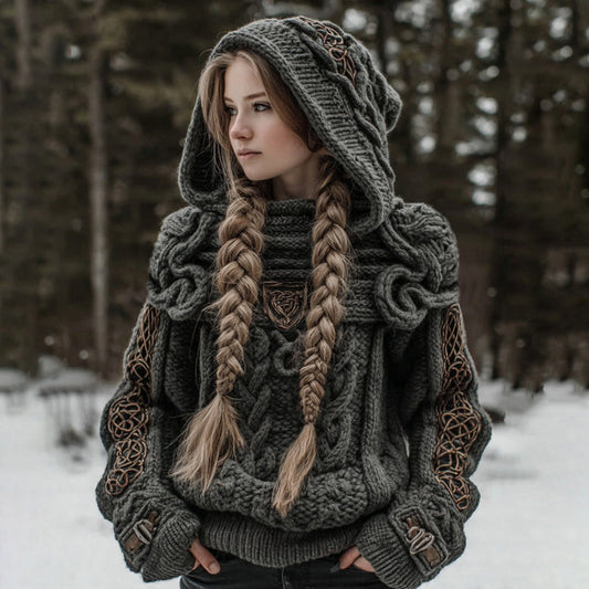 Women's Vintage Celtic Knot Art Knit Cozy Hooded Sweater elevenforest