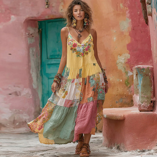 Women's Flower Embroidery Macaroon Patchwork Art V-neck Linen Blend Suspender Midi Dress artswardrobe
