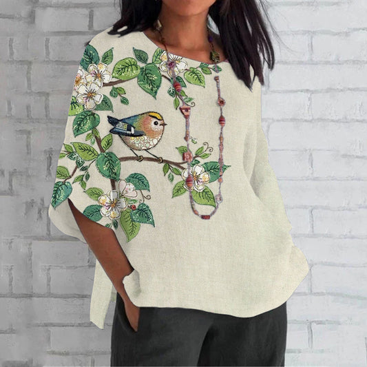 Comstylish Women's Boho Flowers Birds Patchwork Art Loose Crew Neck Tops