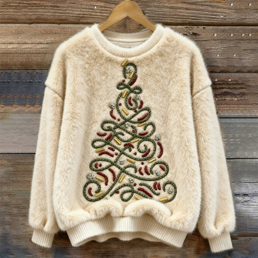 Comstylish Christmas Tree Embroidered Women's Cozy Plush Sweater