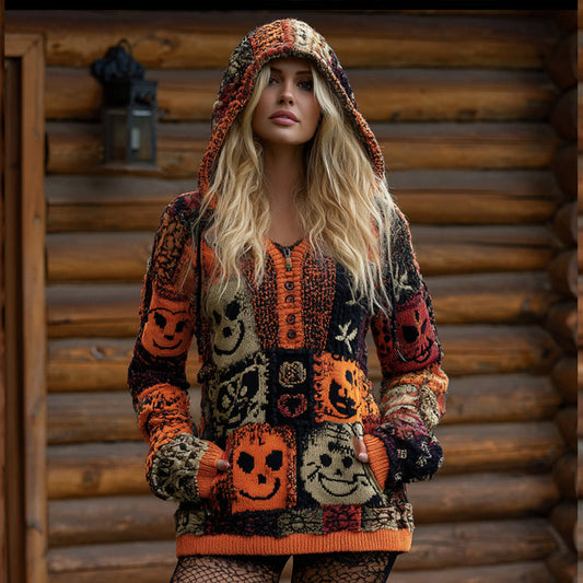 Halloween Patchwork Hooded Casual Knitted Top elevenforest