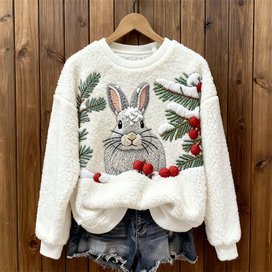 Comstylish Christmas Bunny & Berries In The Snow Cozy Plush Sweatshirt