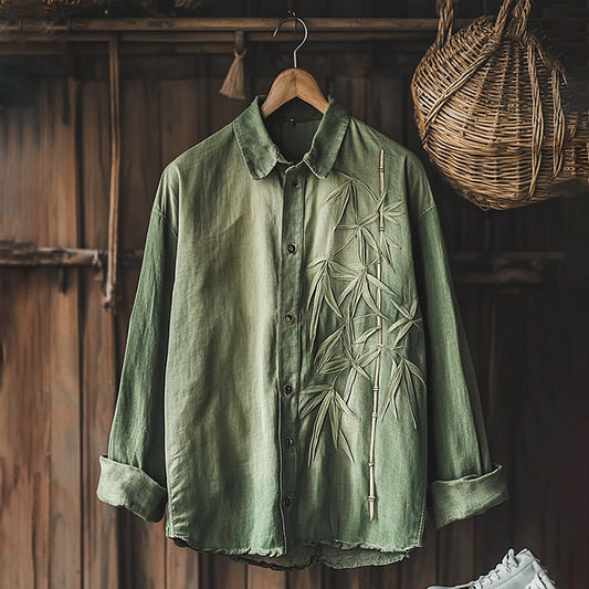 Comstylish Vintage Bamboo Embroidery Japanese Art Linen Blend Cozy Lapel Shirt