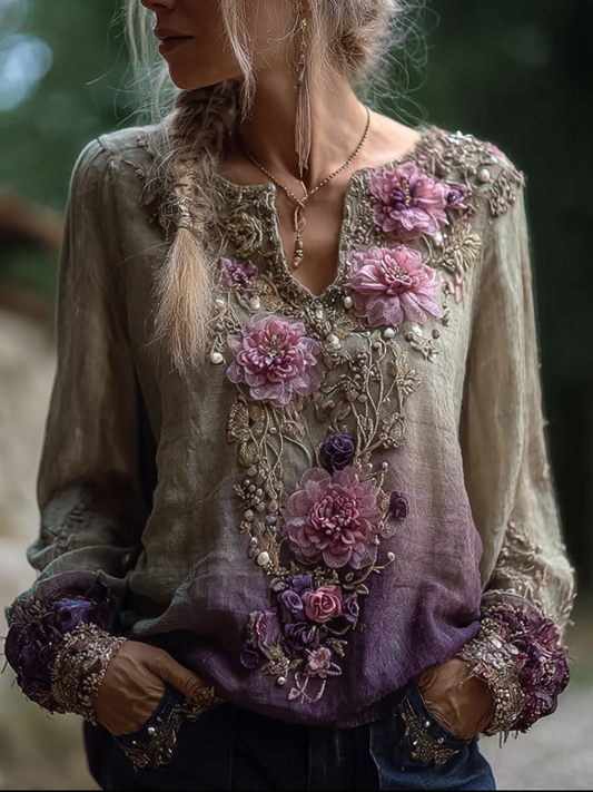 Comstylish Bohemian Style Round Neck Long Sleeve 3d Purple Flower Design Cotton And Linen Top For Women