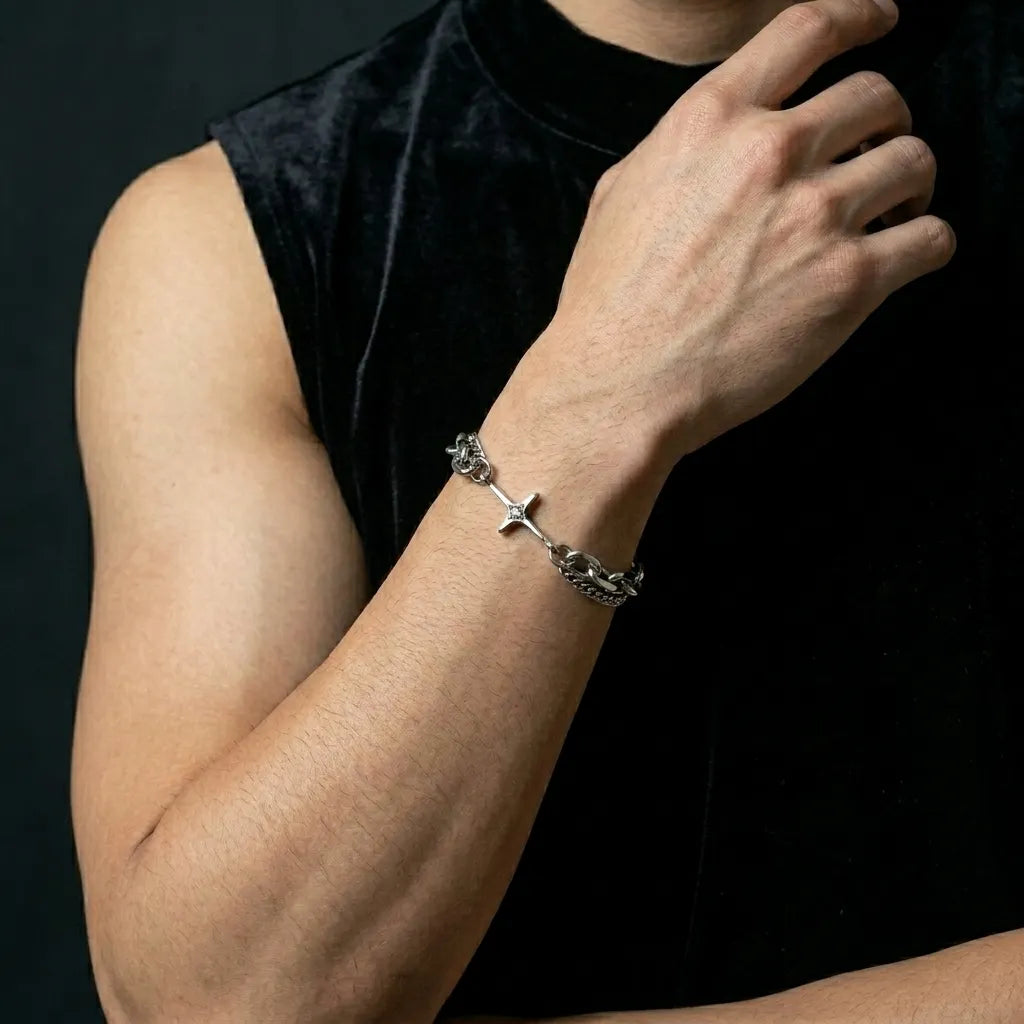 Celestial Star Cross Dual-Chain Silver Bracelet